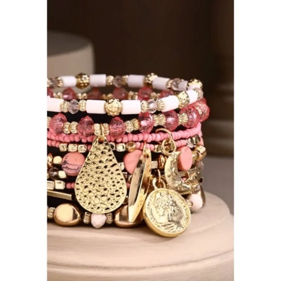 Pink 9-Strand Beaded Boho Stackable Stretch Bracelet Set w/ Gold Charms - Picture 4 of 4